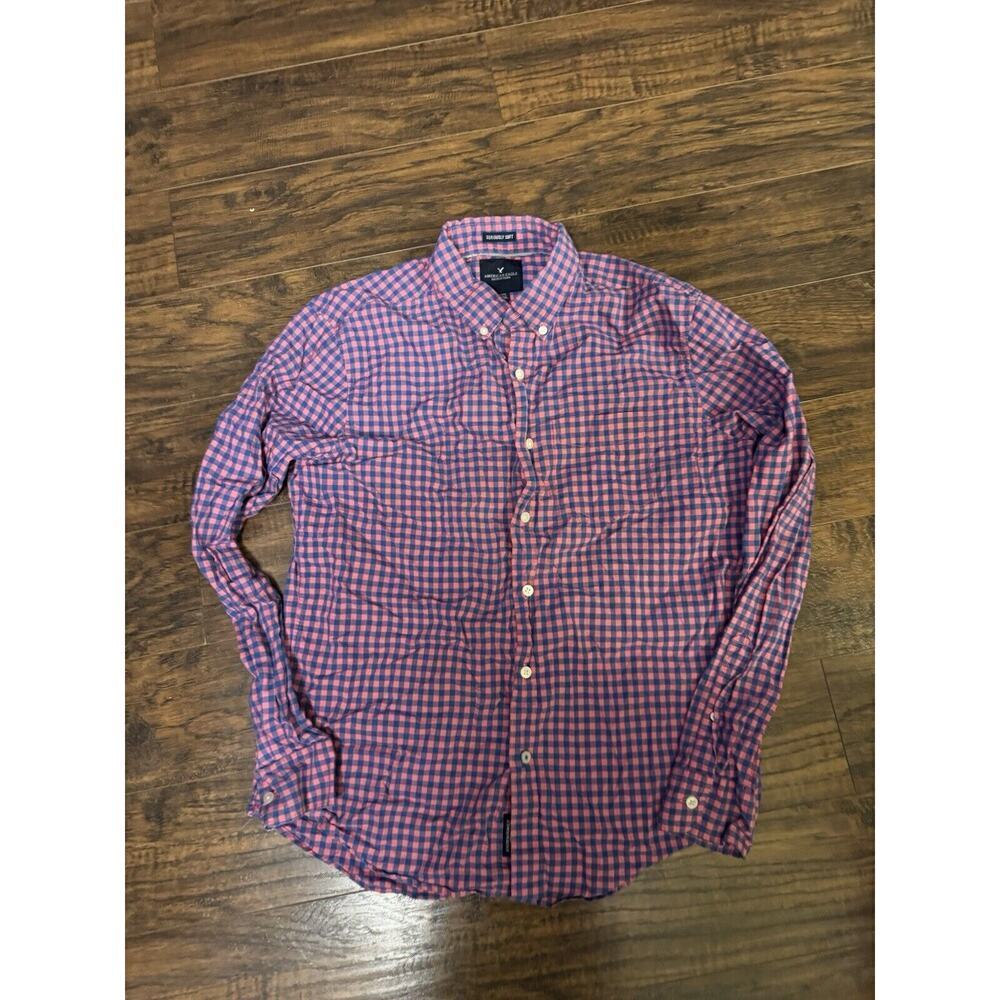 American Eagle Super Soft Button Down Flannel Shirt Mens Pink Blue Plaid Medium